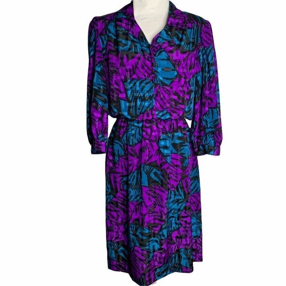 Vintage Midi Button Up Shirt Dress Purple Teal M - Picture 2 of 6